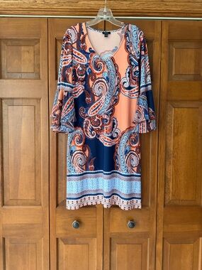 MSK Peach and Navy Paisley V-Neck Dress